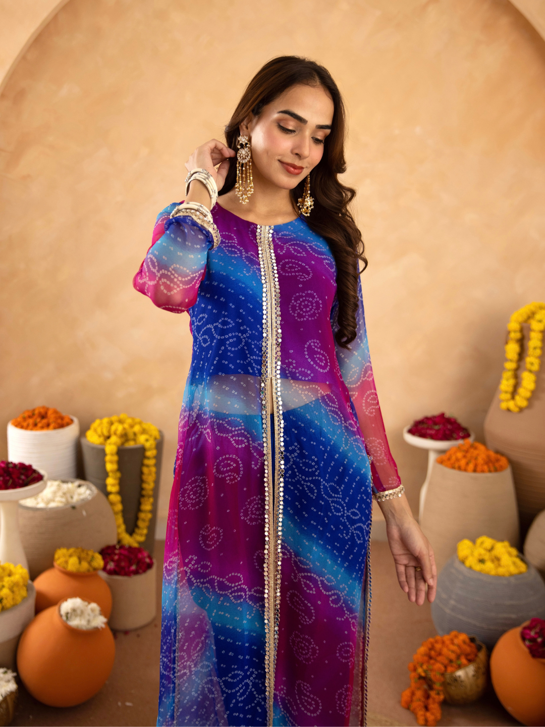 Blue Pink Chiffon Bandhej Mirrorwork Straight Kurta