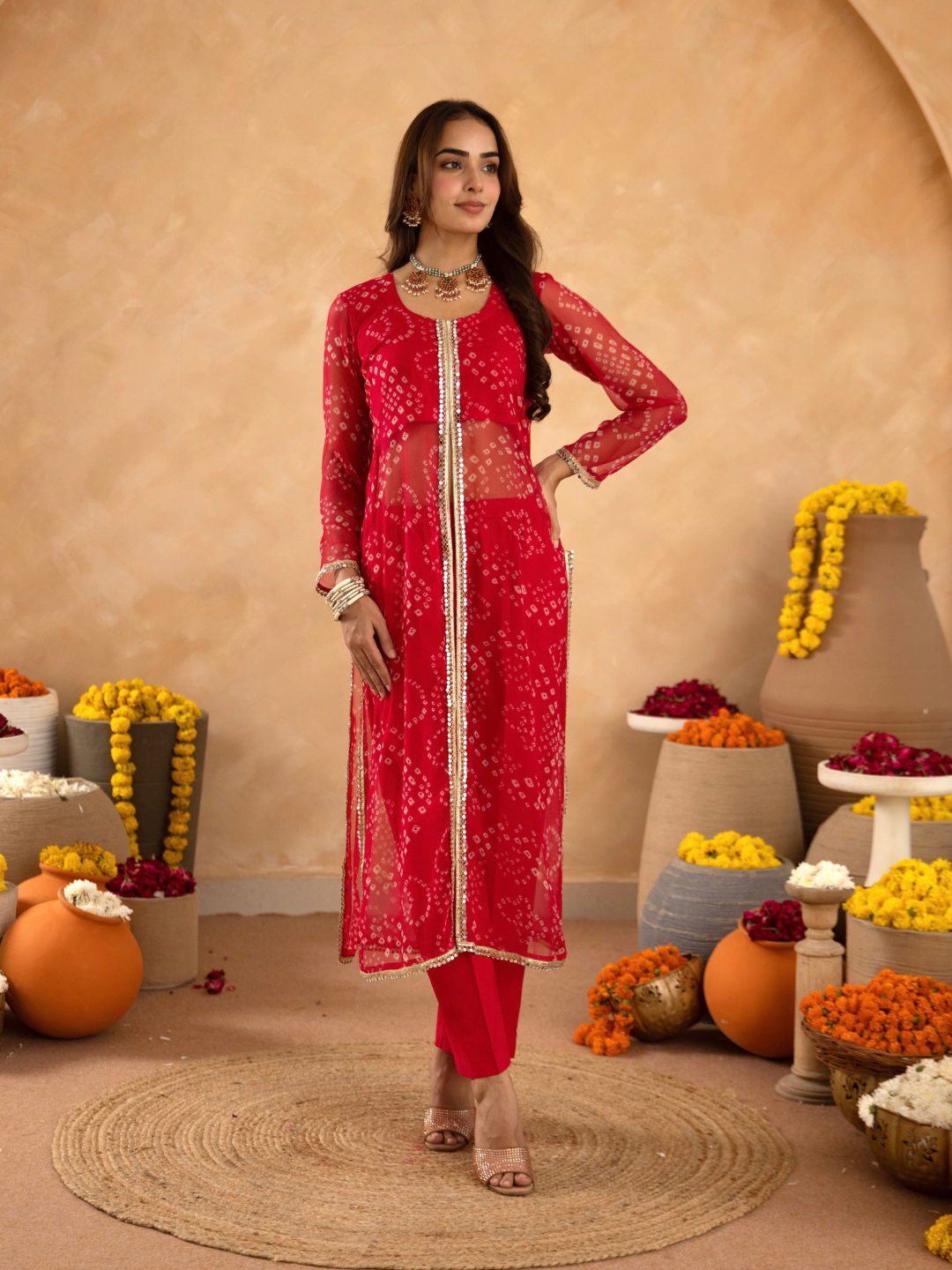 Pink Chiffon Bandhej Mirrorwork Straight Kurta