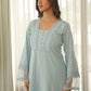 Powder Blue Schiffli Cotton Kurta Set with Pants & Organza Dupatta