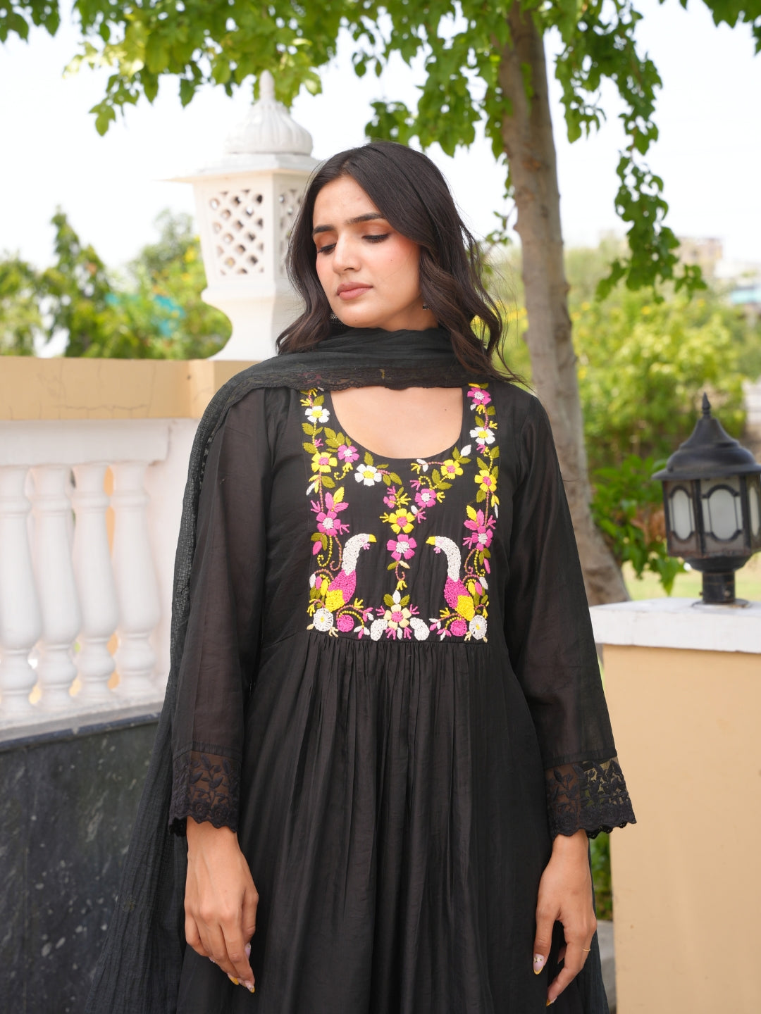 Floral Wine Black Hand Embroidery Chanderi Kurta Set