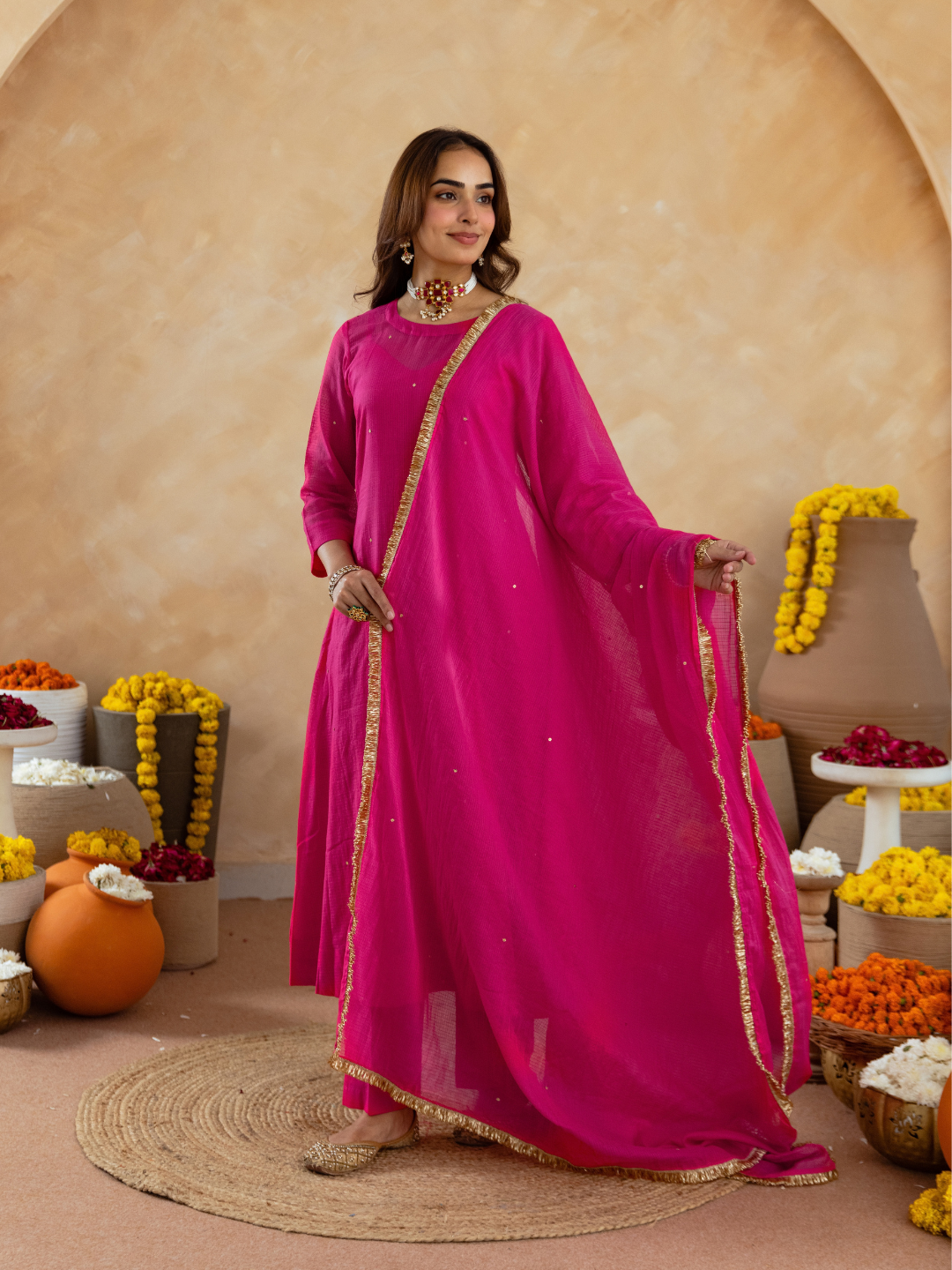 Fuchsia Pink Doria Hand Embroidered A- Line Kurta  Set