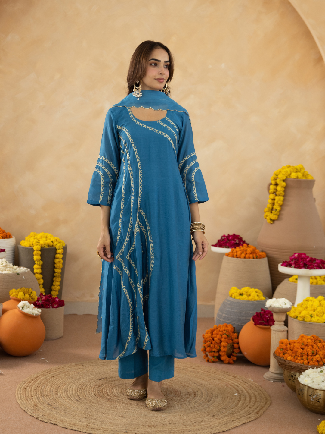 Blue Chanderi Aari Embroidered A- Line Kurta Set