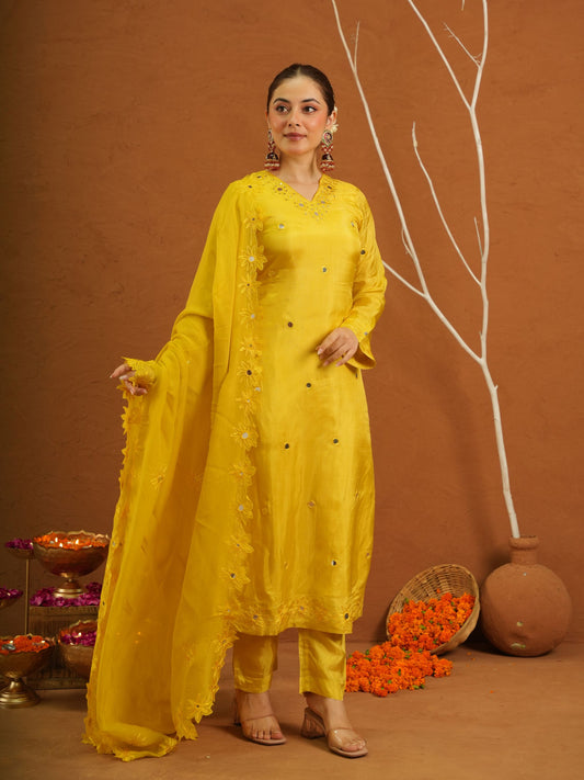 Hayaat Yellow Silk Mirrorwork Suit Set