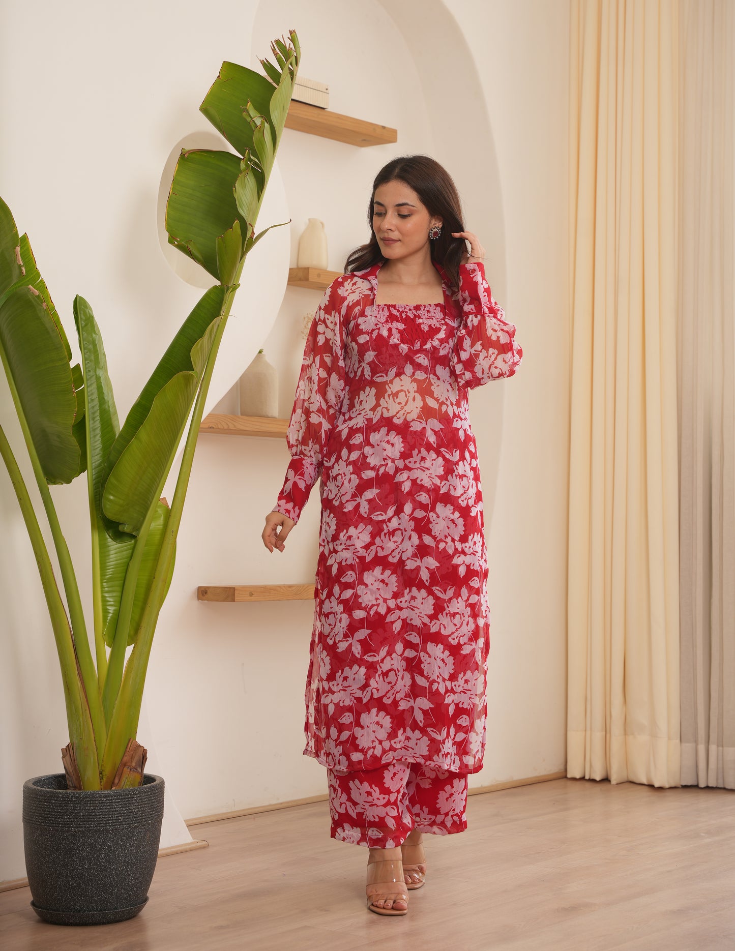 Cora Red Chiffon Kurta Set With Smocked Blouse