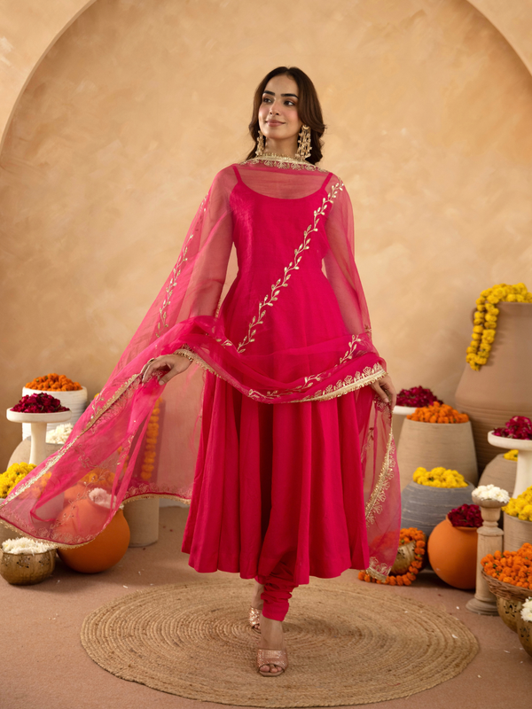 Fuchsia Chanderi Anarkali with Aari Work & Sequin Embellished  Dupatta