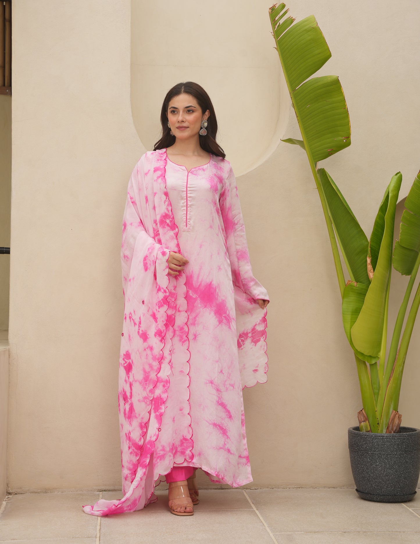 Pink Silk Shibori Mirror  Work Staright Suit Set