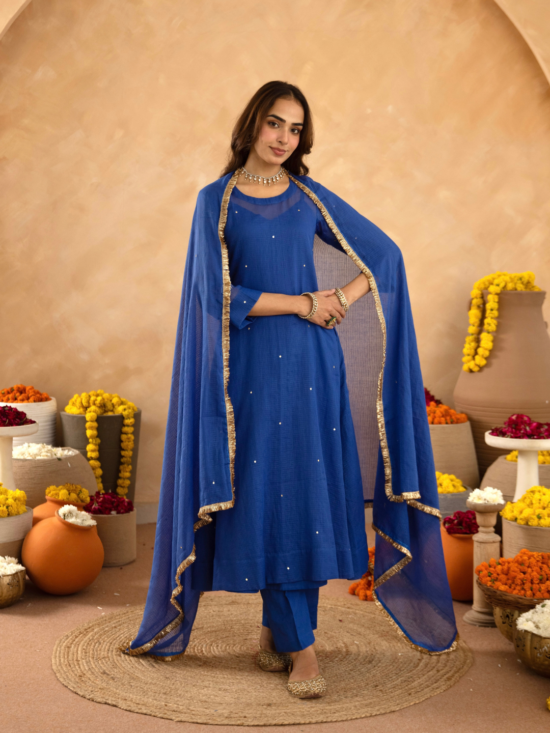 "Royal Blue Doria Hand Embroidered A- Line Kurta  Set"