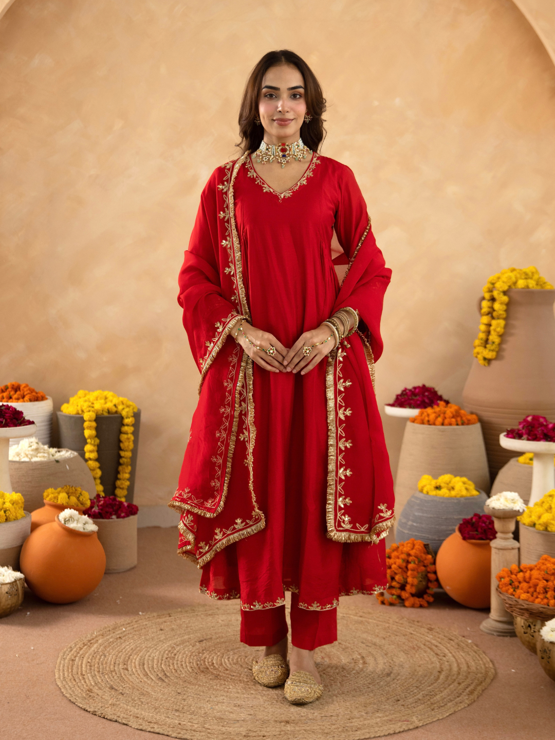 Red Hand Embroidered Chanderi Gathered Kurta Set with  Sequin Dupatta
