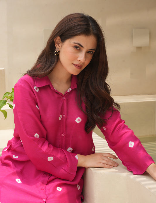 Aria Dark Fuchsia Bandhani Maslin Co Ord Set