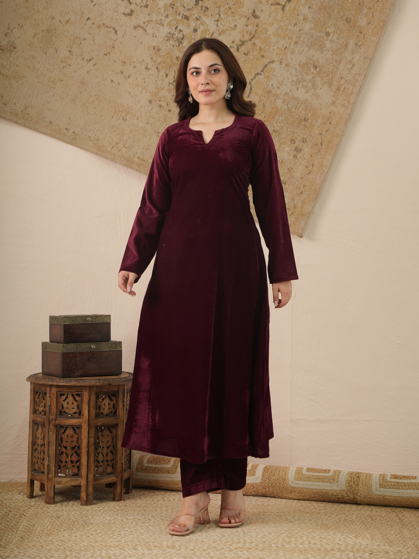 Zehra Wine Velvet Kurta With Pant & Dupatta