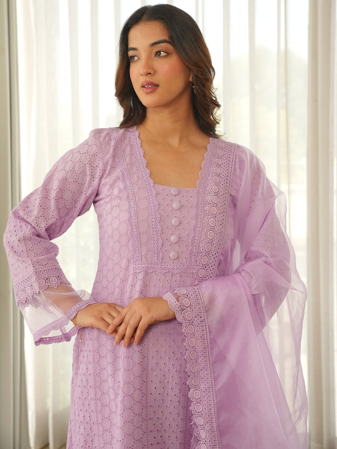 Lavender Schiffli Cotton Kurta Set with Pants & Organza Dupatta