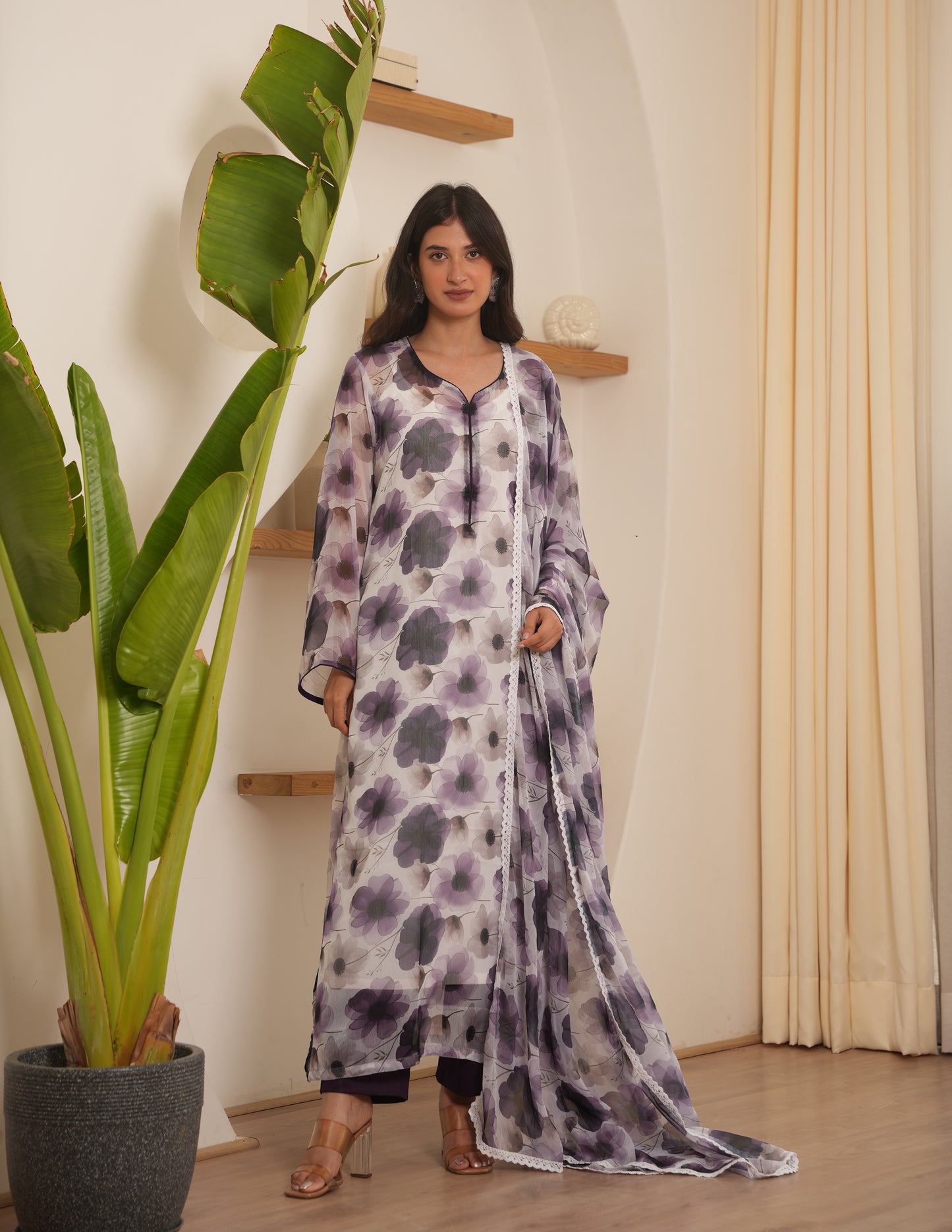 Plumeria Chiffon Floral Straight Suit Set