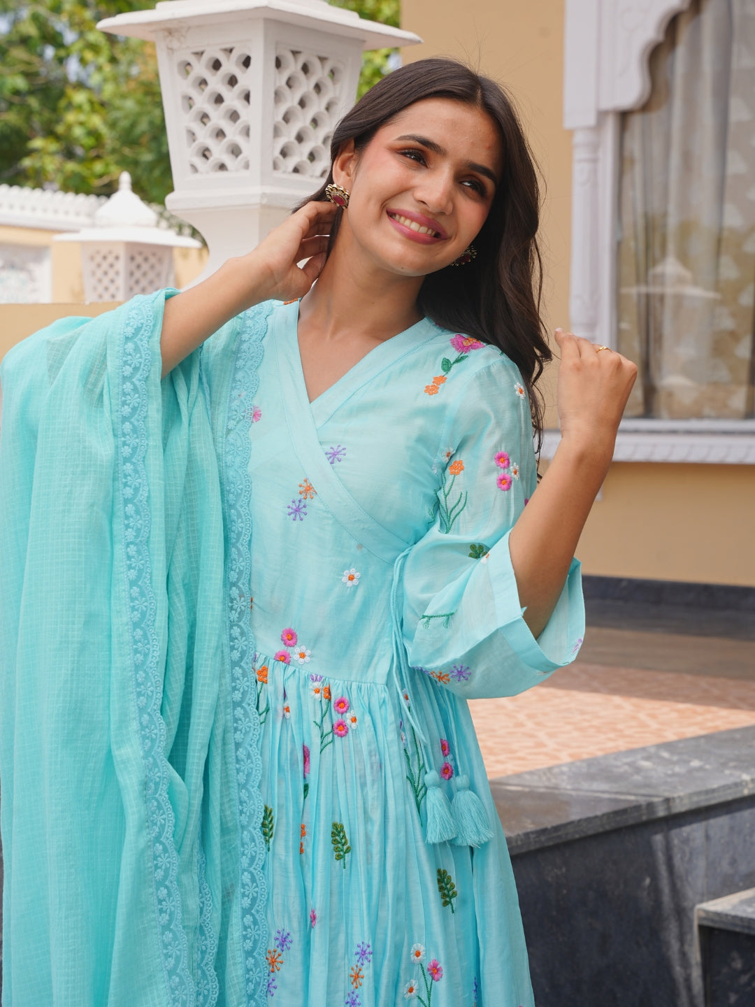 Aqua Blossom Chanderi Angrakha Kurta Set