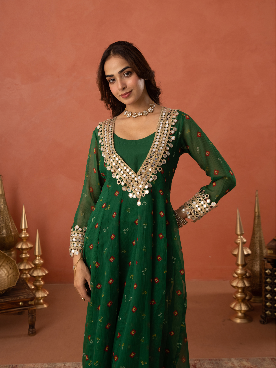 Green Chiffon Bandhej Mirrorwork Kurta Set