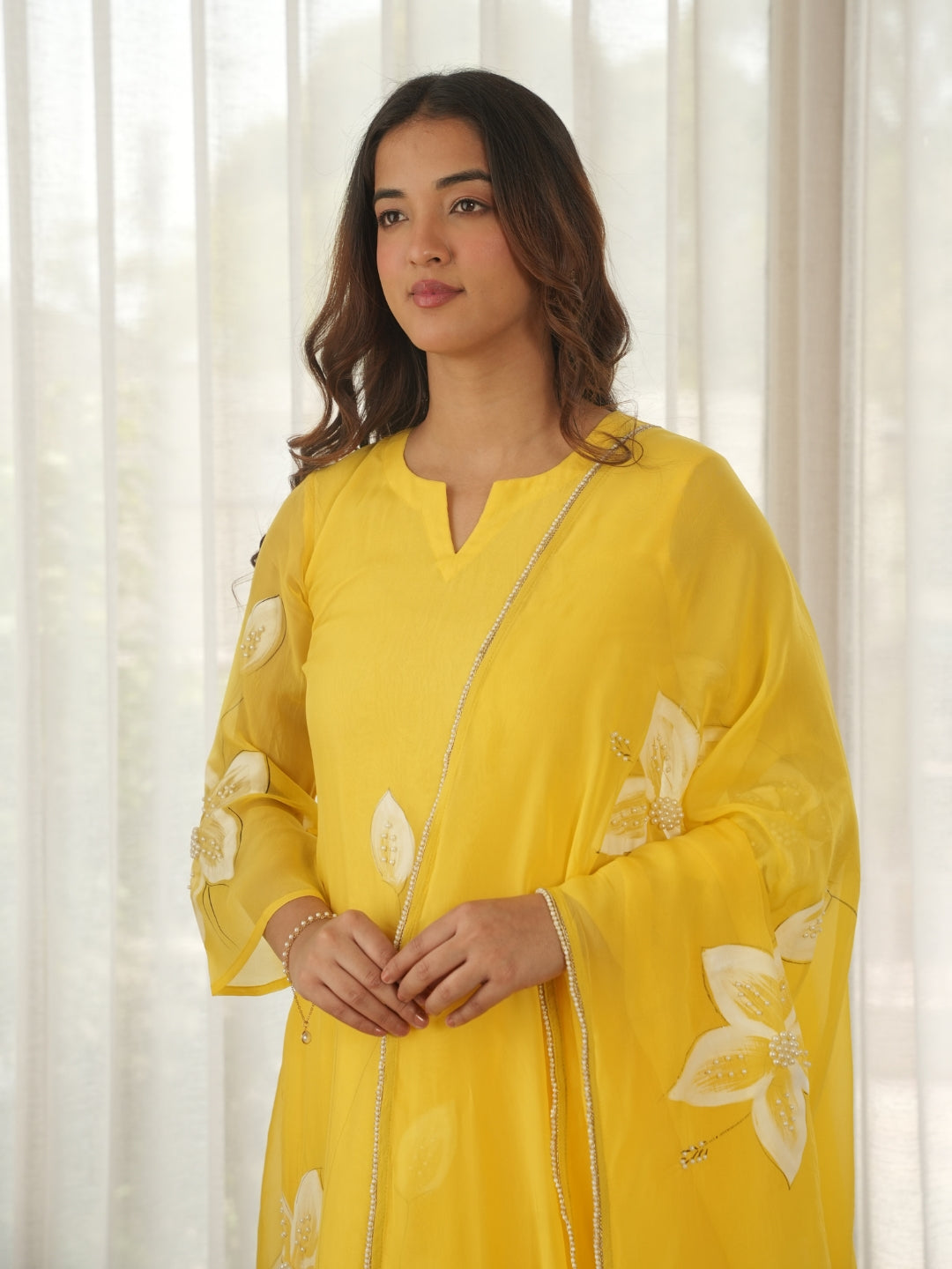 Lemon Yellow Hand Paint Soft Organza Suit Set