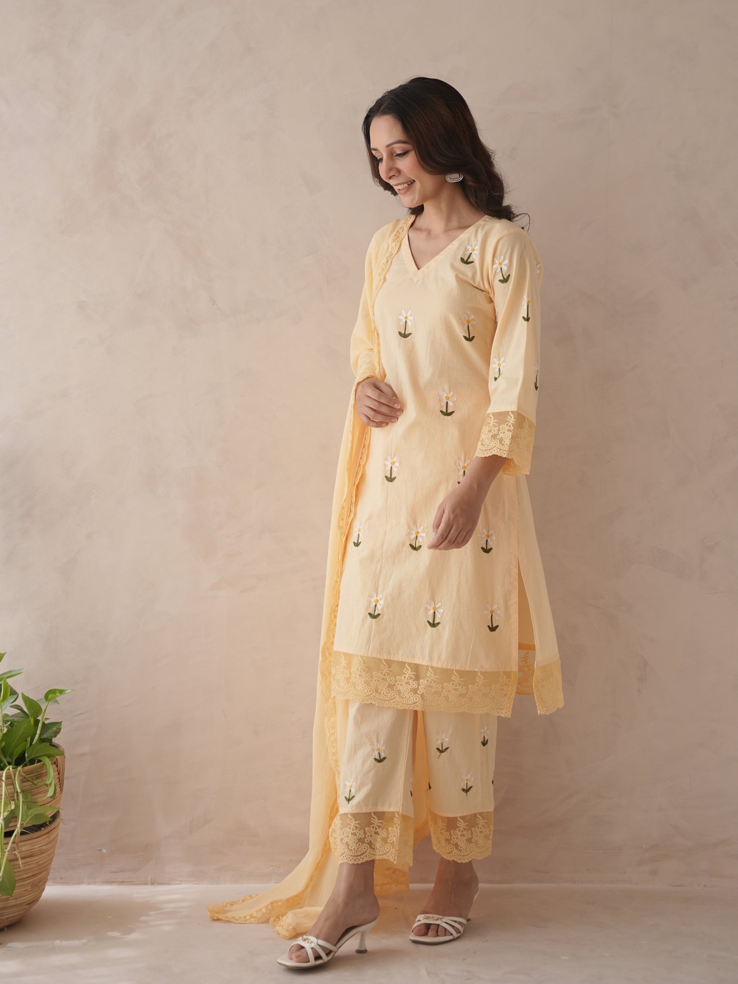 Rosabelle yellow rose embroidery cotton suit set