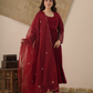 Meher Maroon Velvet Kurta With Pant & Dupatta