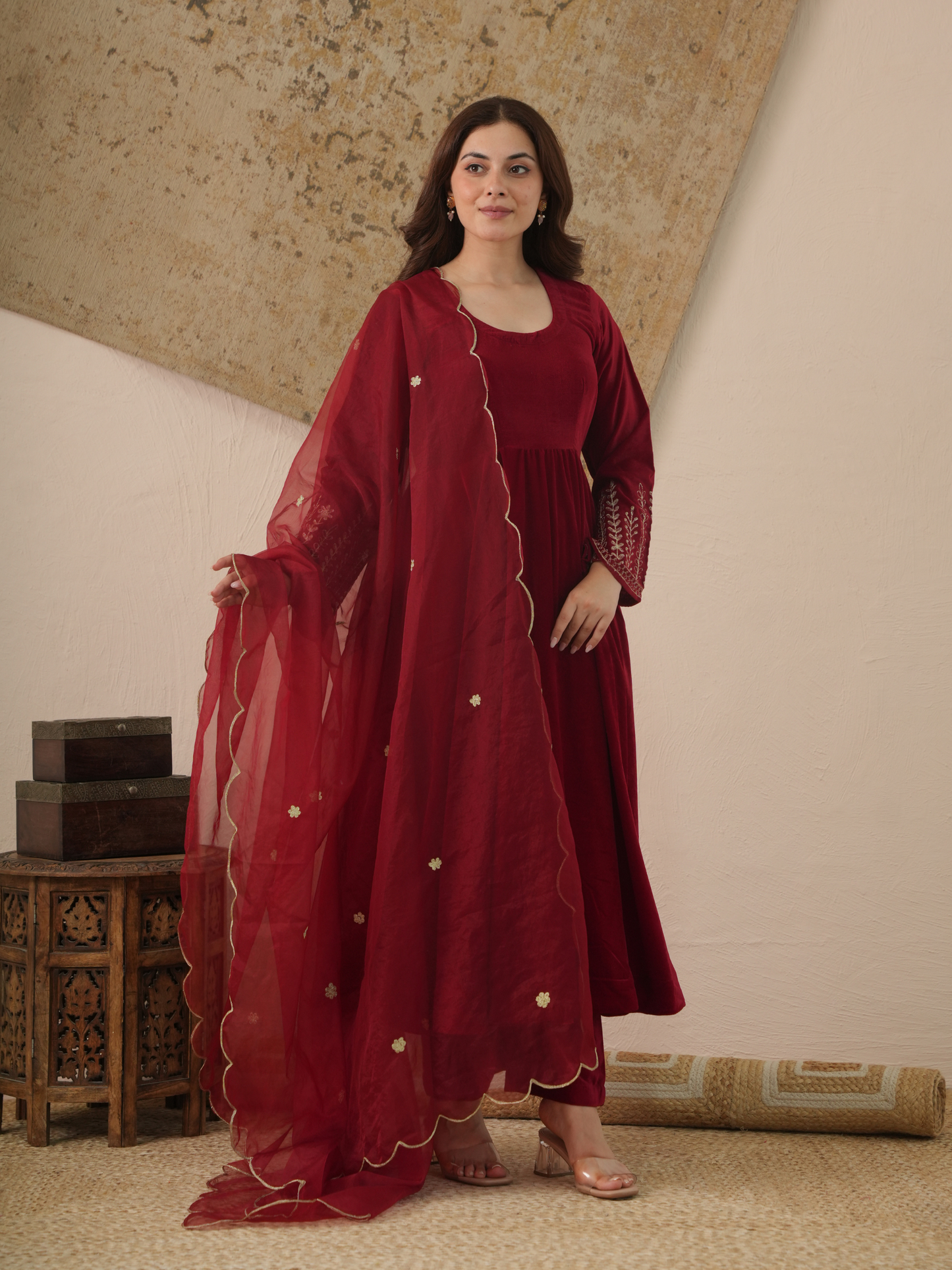 Meher Maroon Velvet Kurta With Pant & Dupatta