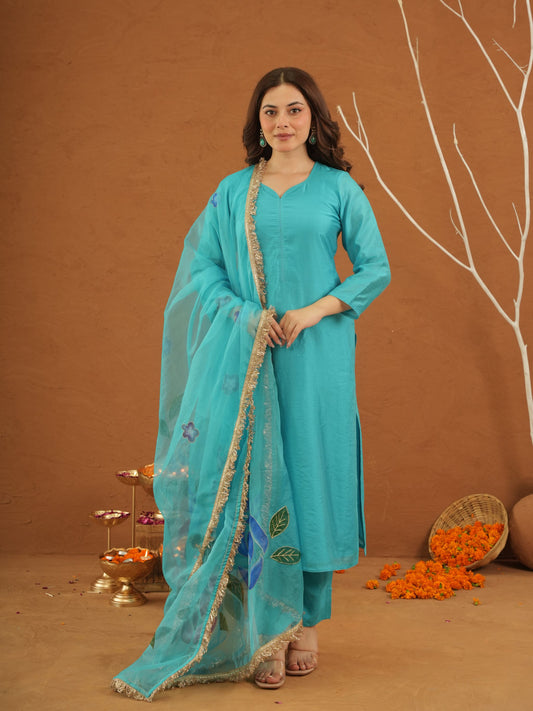 Mayaaz Sky Chanderi With Handpaint Dupatta