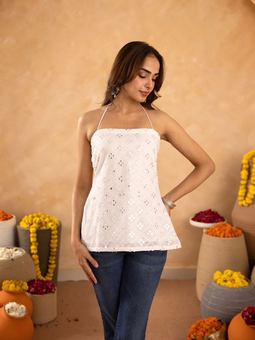 White Mirrorwork Chikan Short Kurti