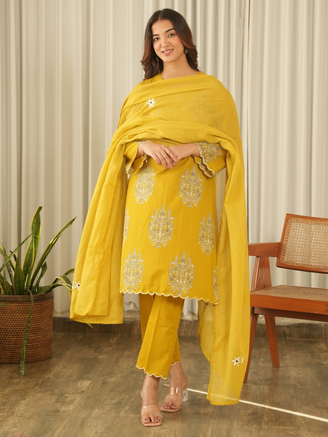 Mustard Bloom Screen Print Cotton Suit Set