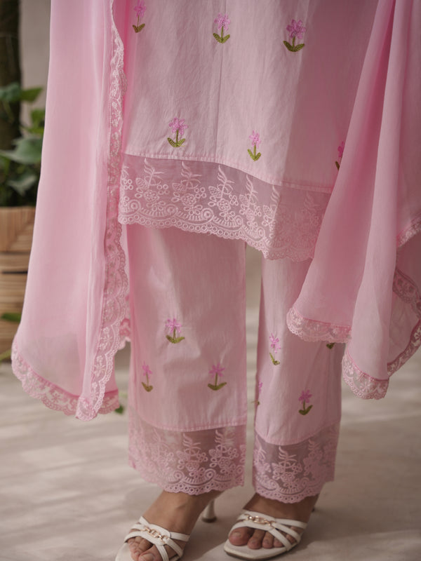 Bloomera pink rose embroidery cotton suit set