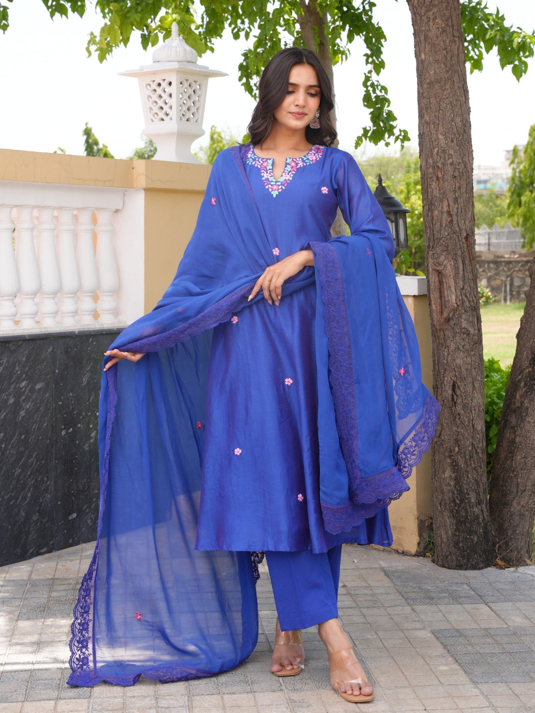 Blue Floral Handwork Chanderi A-Line Kurta Set