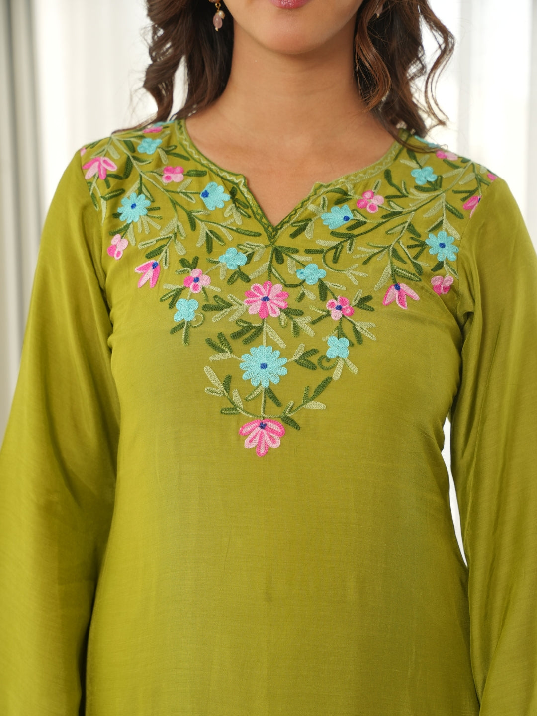 Olive Green Floral Embroidered Muslin Kurta Set with Pants