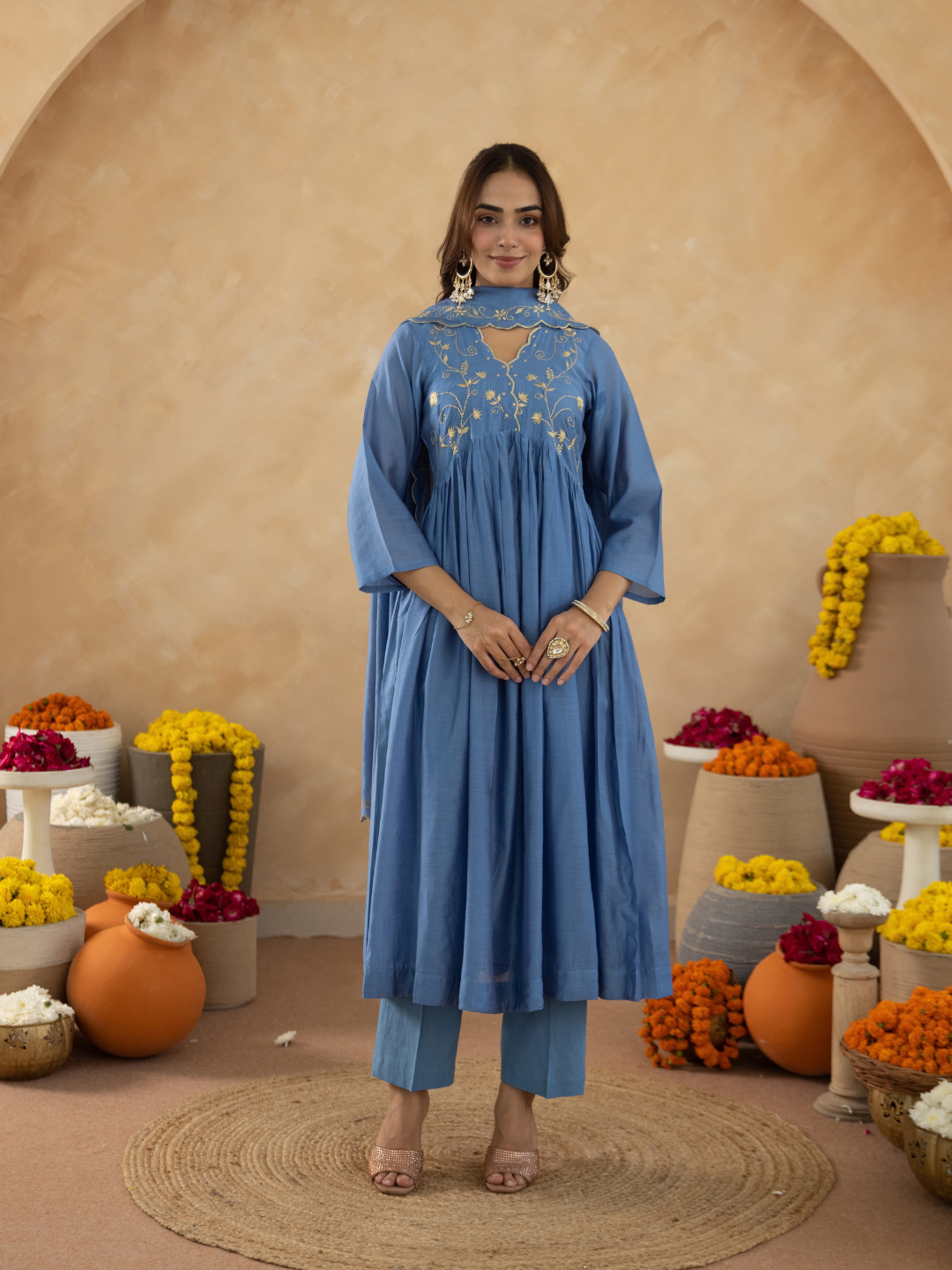 Dusty Blue Chanderi Zari Embroidered Gathered  Kurta Set
