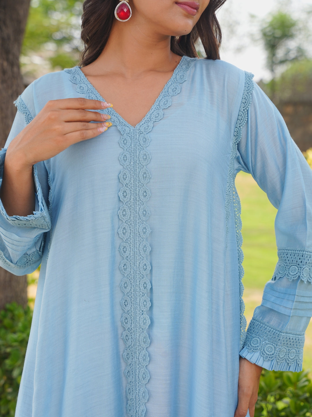 Ice Blue Chanderi Lace Work Kurta Set