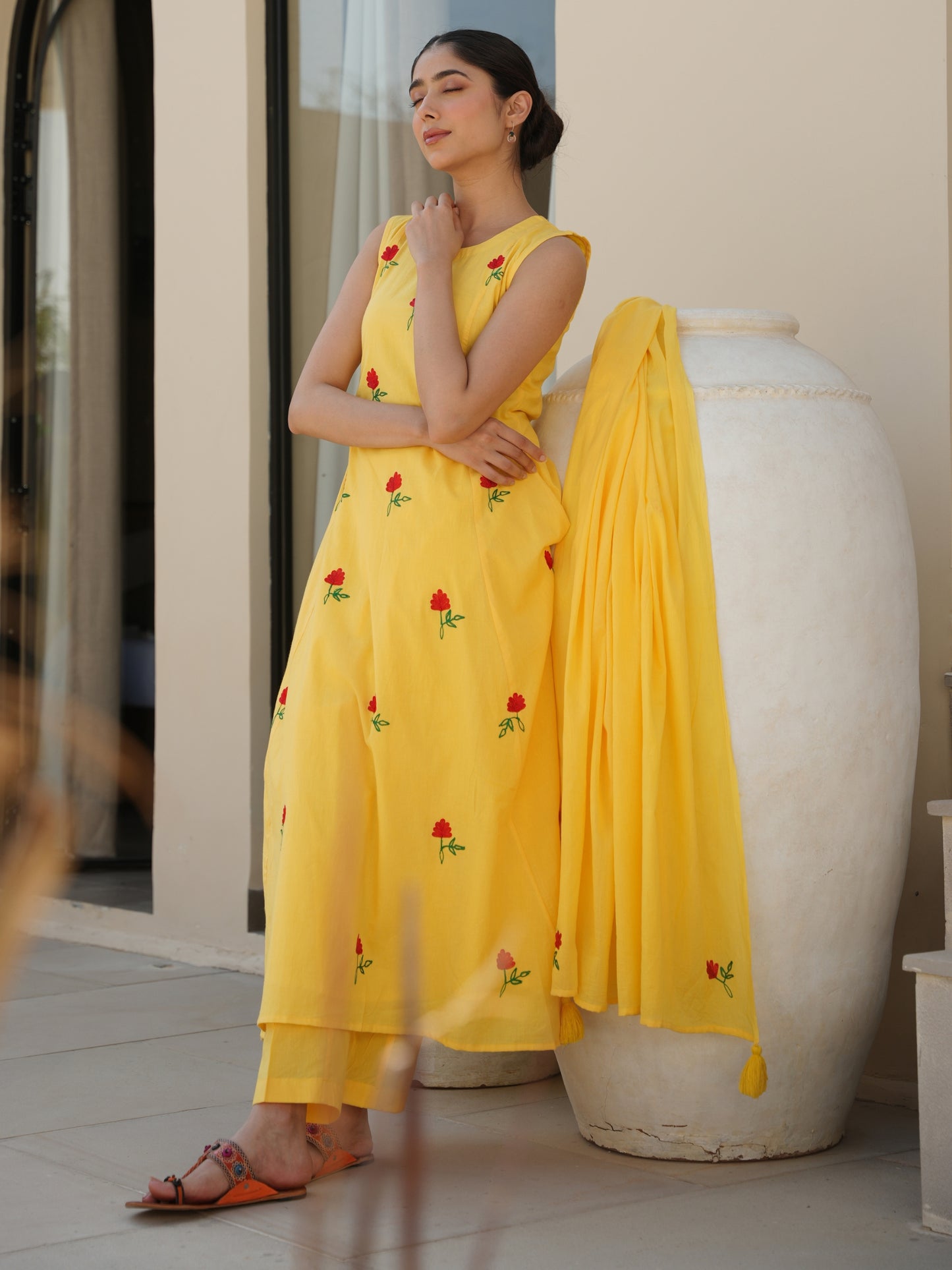 CLOVER YELLOW COTTON FLORAL EMBROIDERY SUIT SET