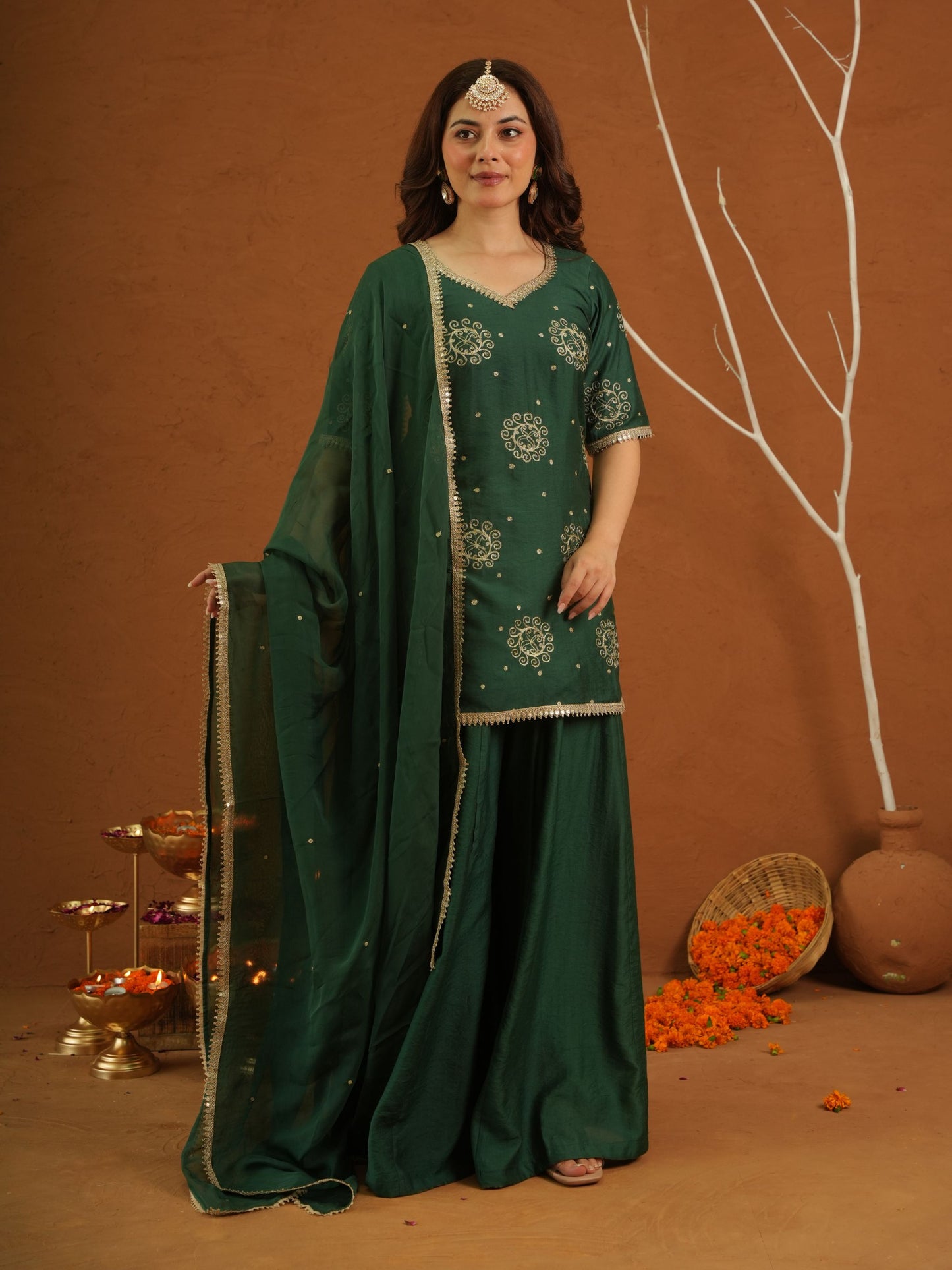 Tarannum Green Muslin Zariwork Sharara Set