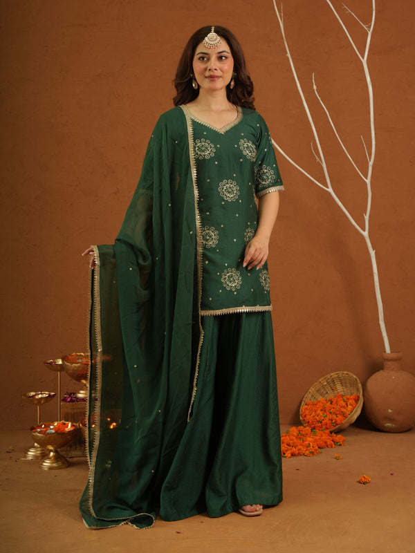 Tarannum Green Muslin Zariwork Sharara Set