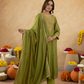 Green Handcrafted Chanderi Mirrorwork Straight Kurta Set