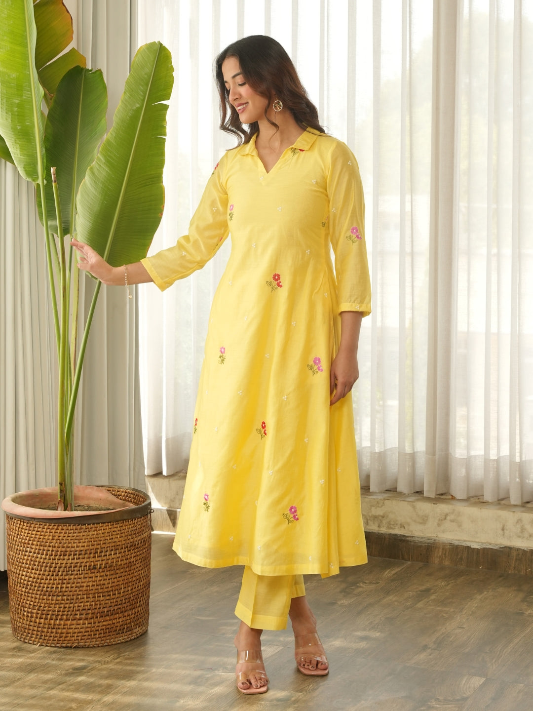 Lemon Yellow Embroidered Chanderi Kurta Set with Pants