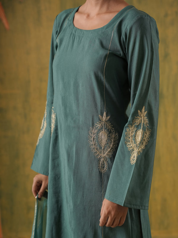 Rani Zoya Green Embroidered Silk Suit Set