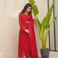 Red Organza Silk Aari Embroidered Suit Set