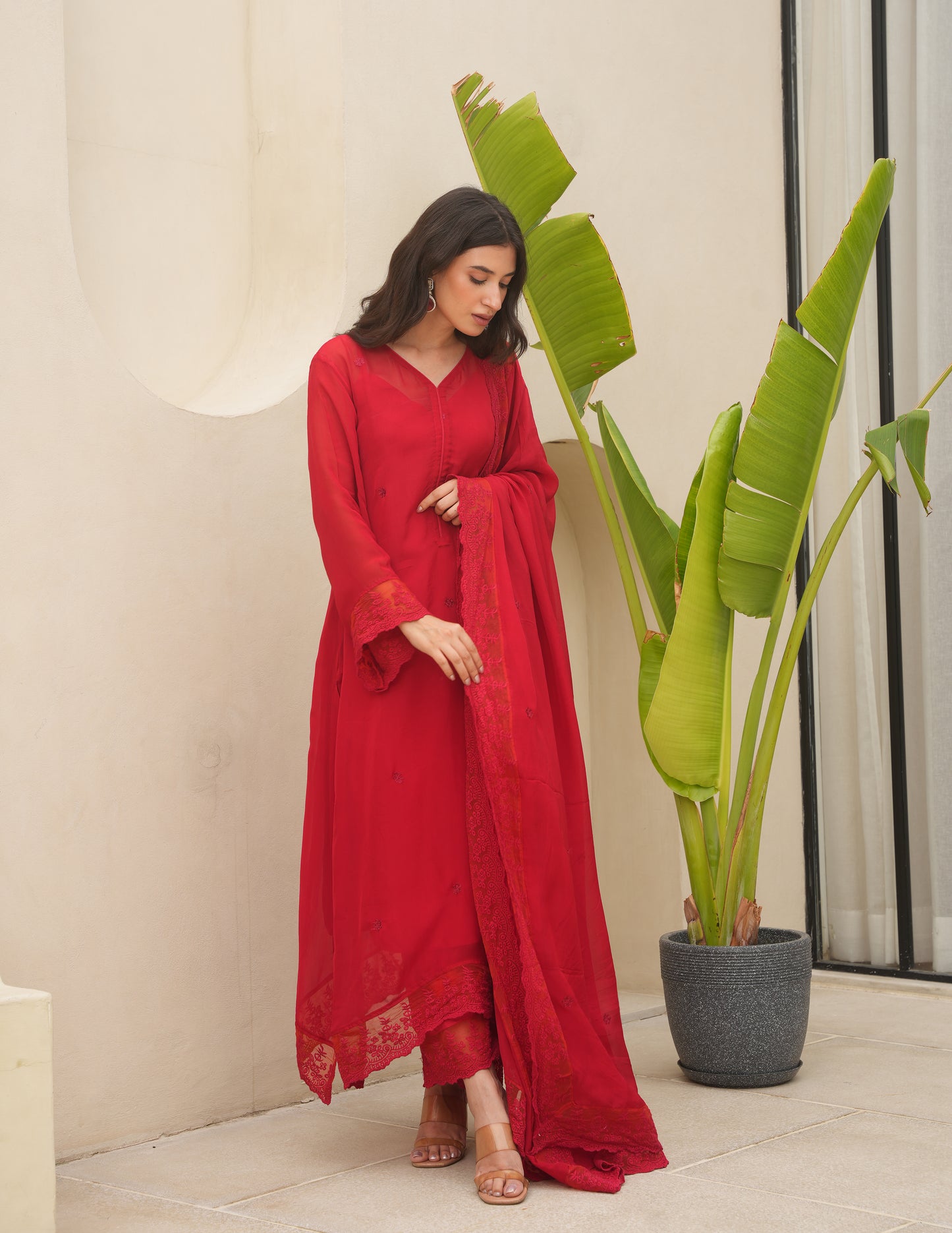 Red Organza Silk Aari Embroidered Suit Set
