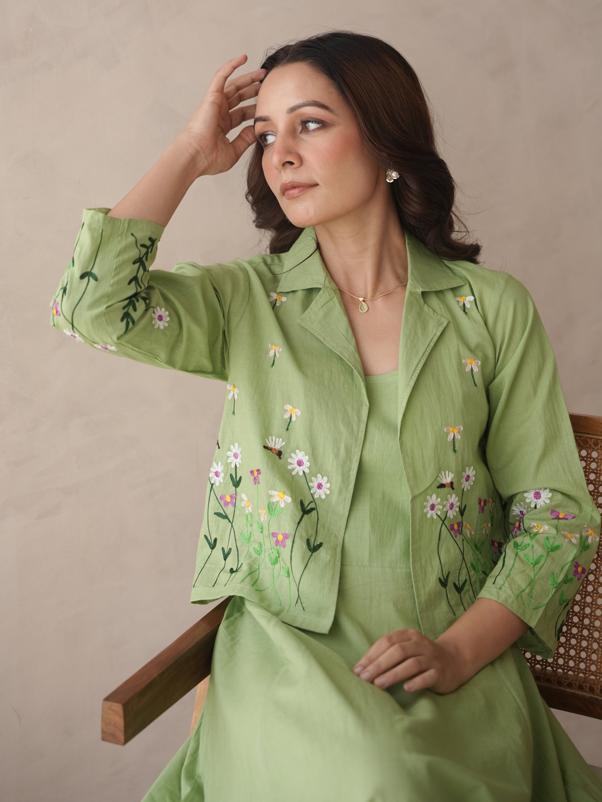 Iri Sage Green Embroidery Cotton Jacket Dress OneWe India Iri Sage Green Embroidery Cotton Jacket Dress OneWe India