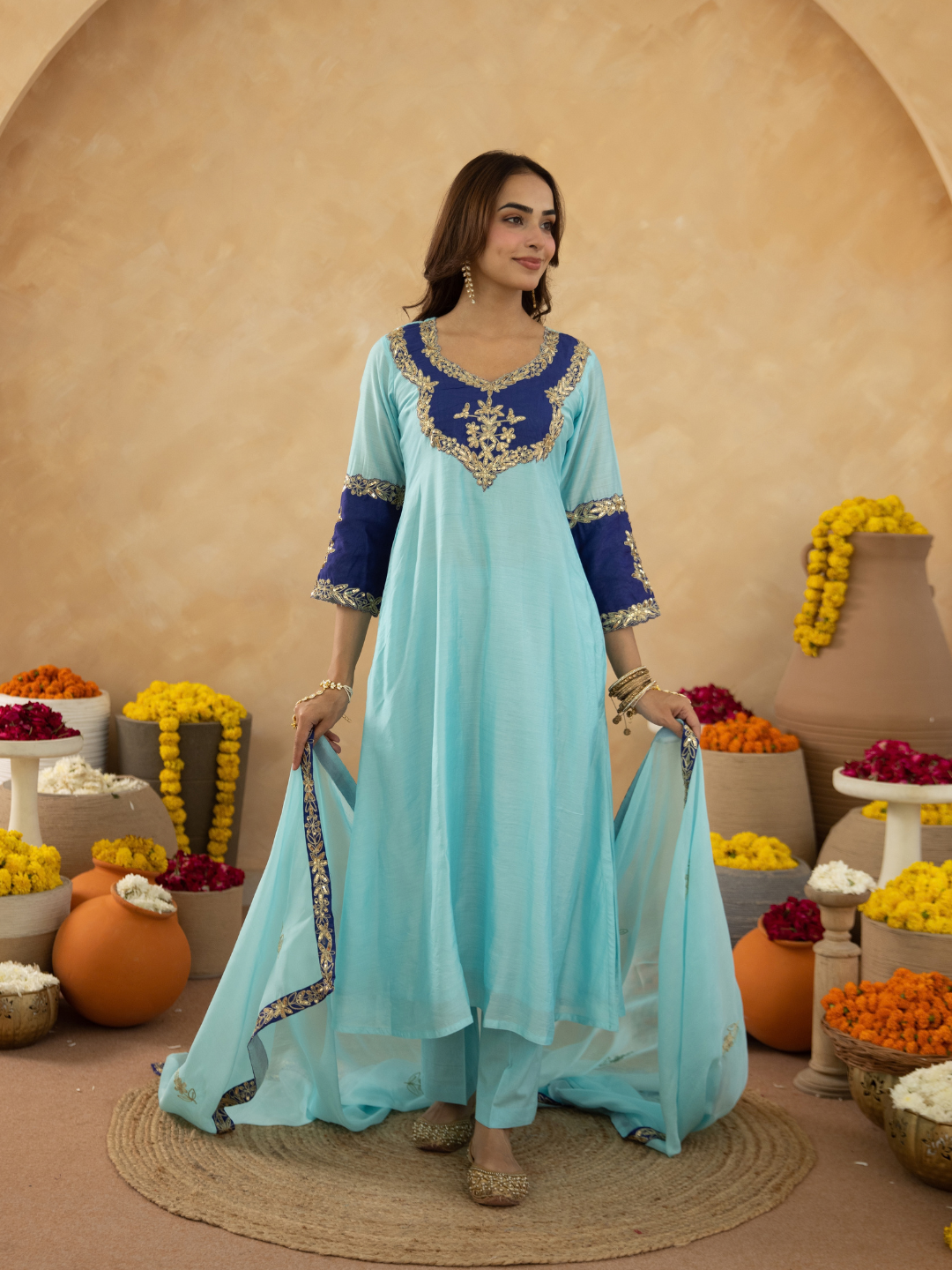 Sky Blue Chanderi A-Line Kurta Set with Handwork Detailing &  Organza Dupatta