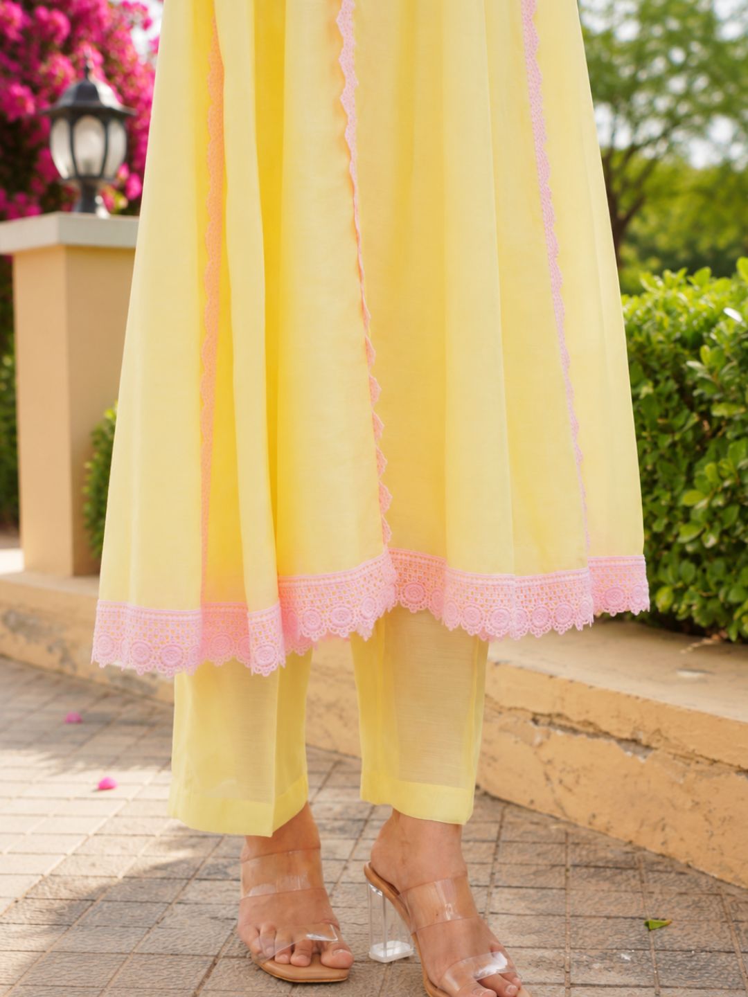 Pastel Yellow Chanderi Lace Work Kurta Set