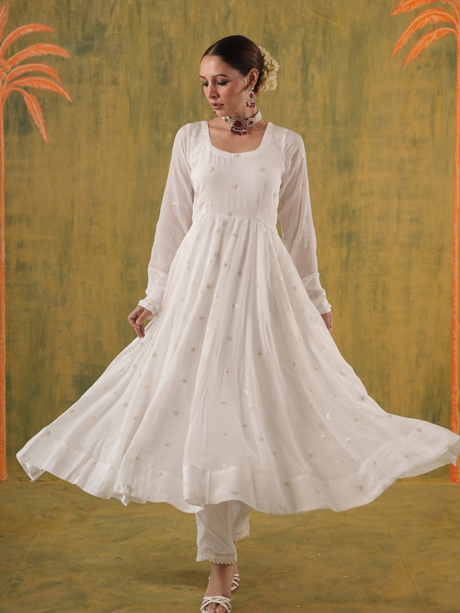 white anarkali dress buy ahmedabad Shop Golconda Meera set embroidered gota patti work Zeenat White Embroidered Anarkali Set