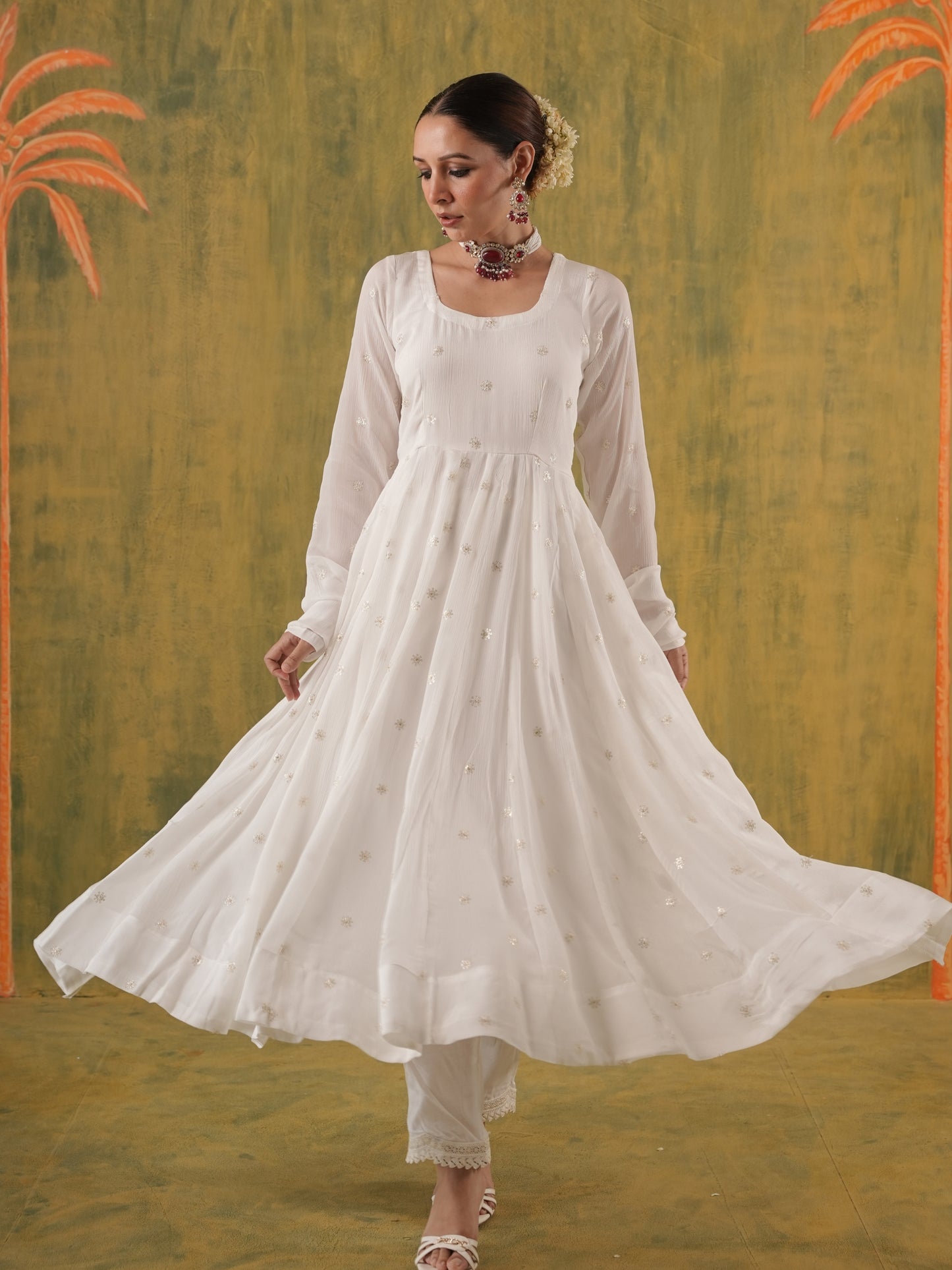 Zeenat White Embroidered Anarkali Set