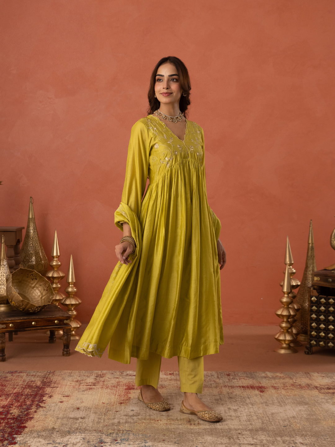 Mustard Yellow Chanderi Zari Embroidered Gathered  Kurta Set