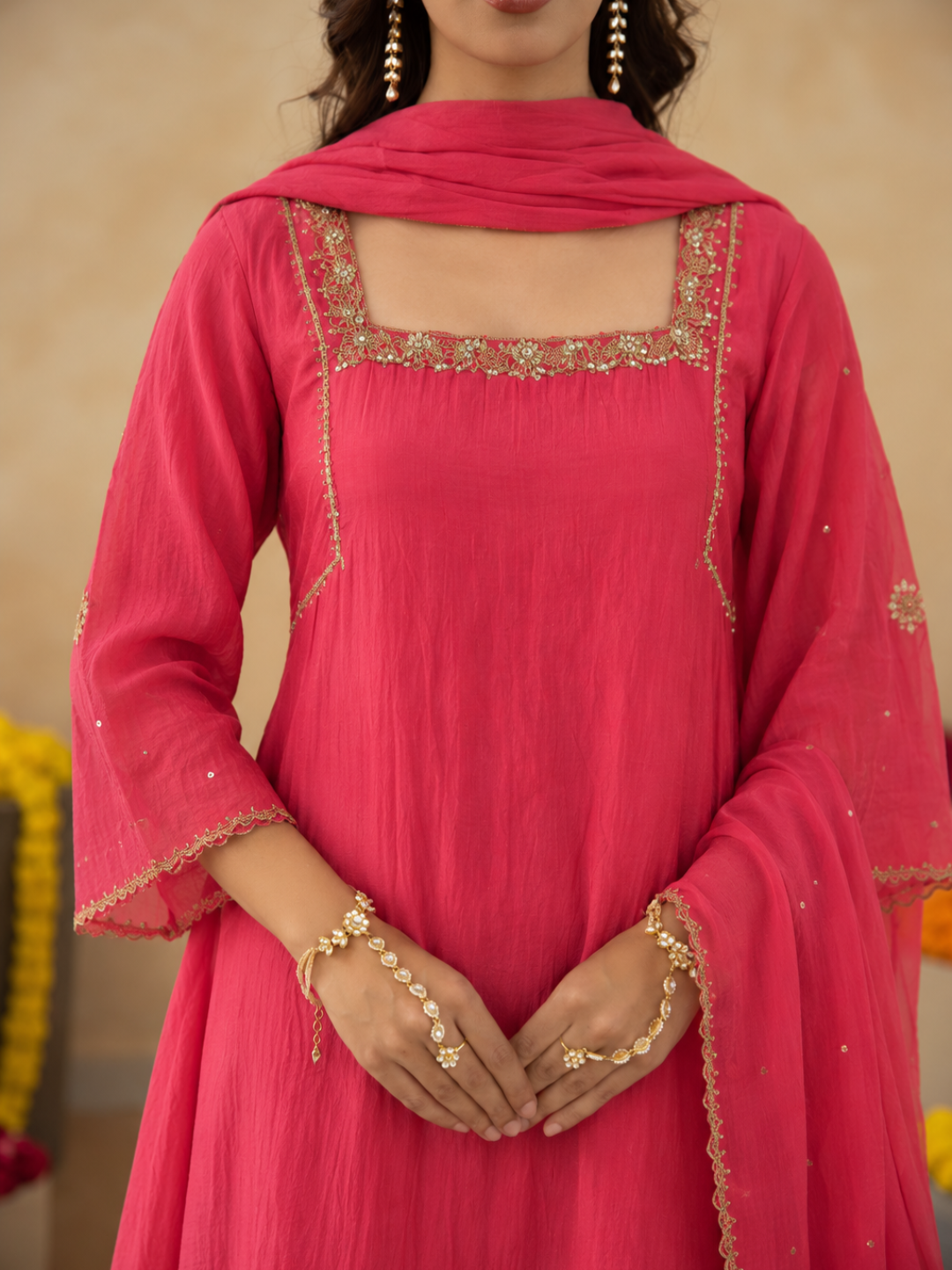 Salmon Pink Aari Handwork Chanderi A-Line Kurta set