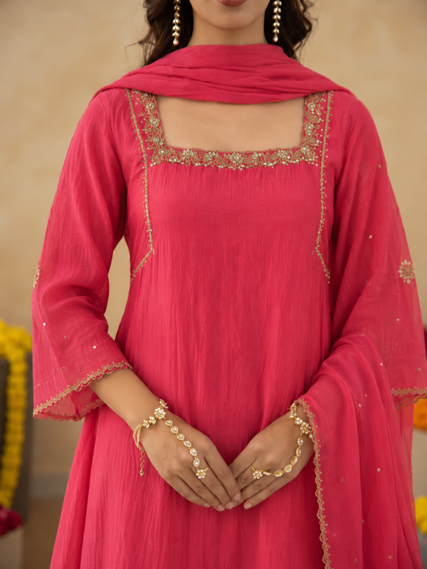 Salmon Pink Aari Handwork Chanderi A-Line Kurta set