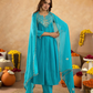 Cyan Blue Chanderi Aari & Handwork Gathered Kurta Set