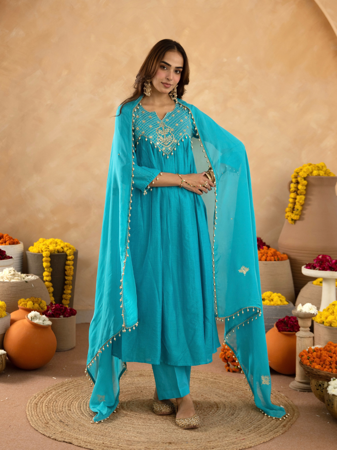 Cyan Blue Chanderi Aari & Handwork Gathered Kurta Set