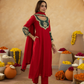 Red Chanderi A-Line Kurta Set with Handwork Detailing &  Organza Dupatta
