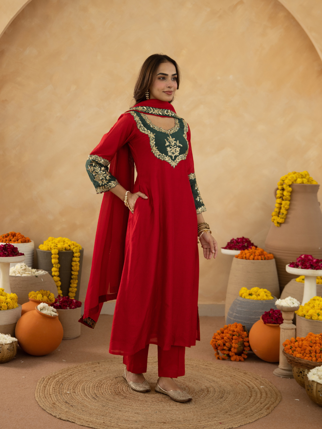 Red Chanderi A-Line Kurta Set with Handwork Detailing &  Organza Dupatta